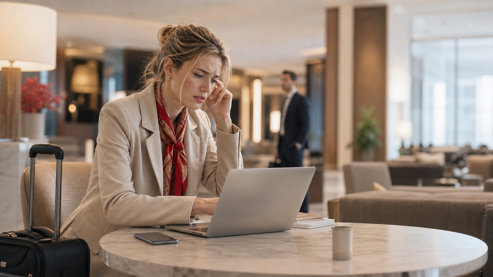 Business traveler needs reliable connection before a meeting