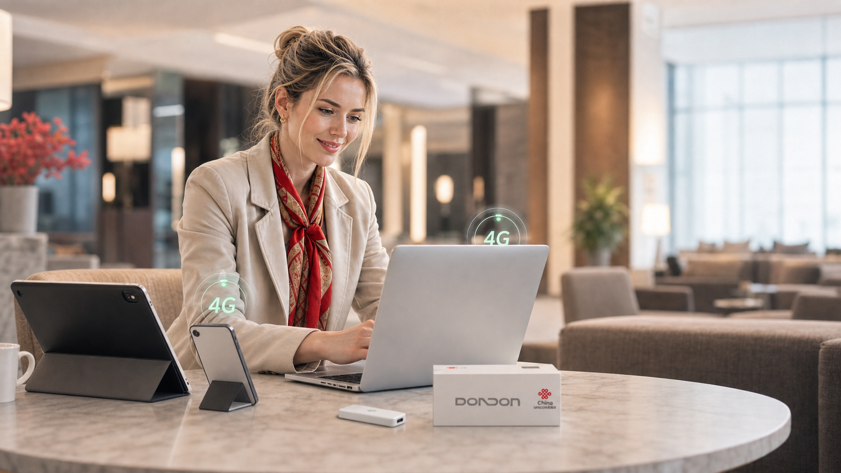 Traveler connected with laptop phone and tablet